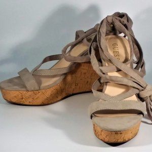 Guess Treacy Cork Wedge Ankle Tie Sandals Sz 7.5